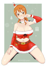 Rule 34 | 1girl, breasts, christmas, highres, hiyozuki, large breasts, long hair, nami (one piece), one piece, orange hair, solo