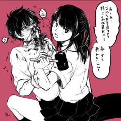 Rule 34 | 1boy, 1girl, abuse, black hair, blood, blood on face, blush, femdom, hammer, hiero0301, injury, japanese text, monochrome, nosebleed, red background, reverse ryona, short sleeves, sitting, sitting on lap, sitting on person, skirt, speech bubble, torture, translation request, trembling, weapon, yandere