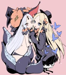 Rule 34 | 2girls, abigail williams (fate), abigail williams (third ascension) (fate), ass, black dress, black panties, blonde hair, bloomers, blue eyes, bow, bug, butterfly, cheek-to-cheek, dress, dual persona, face-to-face, fate/grand order, fate (series), flower, forehead, from side, hair bow, hat, hat flower, hat ornament, heads together, highres, holding hands, insect, keyhole, long hair, mikage (curry berg dish), multiple girls, multiple hair bows, open mouth, pale skin, panties, pink background, red eyes, ribbon, short dress, simple background, sleeves past wrists, smile, tentacles, third eye, topless, underwear, very long hair, white hair, witch hat