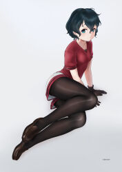 Rule 34 | 1girl, :o, beleven, black gloves, black hair, black pantyhose, blue eyes, brown footwear, gloves, grey shorts, highres, kaban (kemono friends), kemono friends, legs, loafers, no headwear, pantyhose, parted lips, red shirt, shirt, shoes, short hair, short sleeves, shorts, sitting, solo, t-shirt