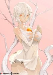 Rule 34 | 1girl, bamuth, breasts, choker, cleavage, code vein, dress, io (code vein), large breasts, looking at viewer, object between breasts, orange eyes, short hair, thick thighs, thighs, torn clothes, tree, white dress, white hair, wide hips