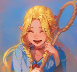 Rule 34 | 1girl, ^ ^, blonde hair, blue background, blue capelet, braid, capelet, choker, closed eyes, dungeon meshi, elf, facing viewer, french braid, hands up, happy, highres, holding, holding staff, hood, hood down, hooded capelet, korean commentary, laughing, long hair, long sleeves, marcille donato, multiple braids, narantive, open mouth, parted bangs, pointy ears, side braid, solo, sprout, staff, upper body