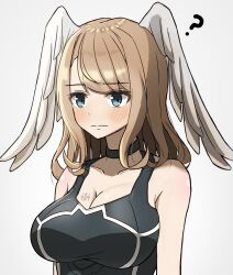 Rule 34 | 1girl, ?, bare shoulders, black bodysuit, black collar, blush, bodysuit, breasts, brown hair, cleavage, closed mouth, collar, collarbone, commentary request, eunie (xenoblade), feathered wings, grey background, grey wings, head wings, highres, kanuici336, large breasts, long hair, simple background, solo, wings, xenoblade chronicles (series), xenoblade chronicles 3