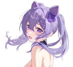 Rule 34 | 1girl, absurdres, braid, commentary, cone hair bun, double bun, ederh, genshin impact, hair bun, hair ribbon, highres, keqing (genshin impact), long hair, looking at viewer, nude, open mouth, out-of-frame censoring, purple eyes, purple hair, purple ribbon, ribbon, simple background, solo, twintails, white background