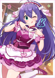 Rule 34 | 1girl, absurdres, ahoge, blush, bow, bowtie, breasts, ceiling, cowboy shot, dot nose, dress, dress bow, finger heart, frilled dress, frills, green eyes, grid background, hair between eyes, hair ribbon, headdress, highres, idolmaster, idolmaster million live!, idolmaster million live! theater days, indoors, kneehighs, layered dress, long hair, looking at viewer, mary janes, mochizuki anna, one eye closed, outside border, puffy short sleeves, puffy sleeves, purple dress, purple hair, rabbit, ribbon, scrunchie, shiro (branch0126), shoes, short sleeves, small breasts, smile, socks, solo, standing, standing on one leg, table, tongue, tongue out, white bow, white bowtie, white ribbon, white socks, window