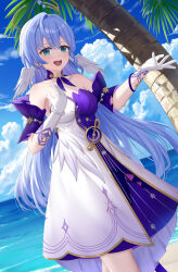 Rule 34 | 1girl, :d, absurdres, bare shoulders, beach, bead bracelet, beads, blue hair, blue sky, blush, bracelet, breasts, cloud, commentary request, cowboy shot, day, detached sleeves, dress, gloves, green eyes, hair between eyes, hair intakes, highres, honkai: star rail, honkai (series), jewelry, long hair, looking at viewer, medium breasts, open mouth, revision, robin (honkai: star rail), short sleeves, sky, skym (kumei), smile, solo, standing, strapless, strapless dress, tree, very long hair, water, white dress, white gloves