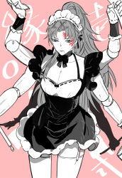 Rule 34 | 1boy, amore1989, arms up, bad id, bad pixiv id, choker, cowboy shot, dress, earrings, extra arms, facial mark, garter straps, holding, jewelry, joints, kimetsu no yaiba, long hair, maid headdress, male focus, multiple wielding, objectification, ponytail, red background, ribbon trim, robot joints, solo, spot color, thighhighs, tsugikuni yoriichi