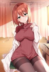 Rule 34 | 1girl, arm at side, bed, bed sheet, blush, book, breasts, brown sweater, closed mouth, commentary request, curtains, day, doctor, dress, earrings, green eyes, hair between eyes, hand up, highres, hospital bed, indoors, infirmary, jewelry, kinona, lab coat, looking at viewer, medium breasts, open book, open clothes, orange hair, original, ribbed sweater, short hair, sitting, smile, solo, stud earrings, sweater, sweater dress, table, turtleneck, turtleneck sweater