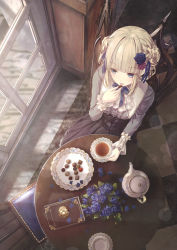 Rule 34 | 1girl, black skirt, blonde hair, blue flower, blue rose, braid, chair, collared shirt, commentary request, cup, flower, food, from above, hair flower, hair ornament, highres, holding, holding cup, holding food, indoors, long sleeves, looking away, missile228, on chair, open mouth, original, plate, red flower, red rose, rose, saucer, shirt, sidelocks, sitting, skirt, sleeves past wrists, solo, table, tea, teacup, teapot, white shirt, window