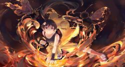 Rule 34 | 1girl, absurdres, ahoge, ahriii, araragi karen, arm support, bakemonogatari, bee, black eyes, black hair, black shirt, black wristband, bug, clenched hand, clenched teeth, egg hair ornament, fighting stance, fire, food-themed hair ornament, full body, hair ornament, highres, insect, looking at viewer, monogatari (series), pants, shirt, shoes, short hair, sneakers, solo, stretching, t-shirt, teeth, white footwear, yellow pants