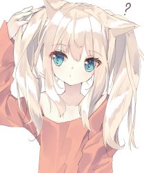Rule 34 | 1girl, ?, animal ears, arm up, bare shoulders, blonde hair, blue eyes, blush, cat ears, closed mouth, collarbone, hair between eyes, hamaru (s5625t), highres, long hair, long sleeves, looking away, looking to the side, off shoulder, orange shirt, original, shirt, sidelocks, simple background, sleeves past wrists, slit pupils, solo, twintails, upper body, white background