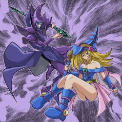 Rule 34 | 1boy, 1girl, artist request, ass, bare legs, bare shoulders, blonde hair, blue footwear, blue leotard, blush stickers, breasts, cleavage, curvy, dark magician, dark magician girl, duel monster, floating, full body, green eyes, hat, highres, leotard, long hair, looking at viewer, magical girl, shiny skin, simple background, skirt, solo, very long hair, wide hips, wizard hat, yu-gi-oh!