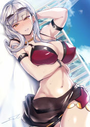 Rule 34 | 1girl, arm strap, arm under breasts, bare shoulders, bikini, blush, breasts, carmilla (fate), carmilla (swimsuit rider) (fate), commentary request, eyewear on head, fate/grand order, fate (series), fue (rhomphair), grey hair, highres, large breasts, long hair, lying, navel, on back, outdoors, parted lips, red bikini, signature, smile, solo, sunglasses, swimsuit, yellow eyes