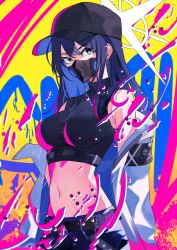 Rule 34 | 1girl, absurdres, bare shoulders, baseball cap, belt, black belt, black hat, black shirt, blue archive, blue hair, breasts, coat, commentary request, crop top, hat, highres, large breasts, long hair, looking at viewer, mask, midriff, mouth mask, navel, off shoulder, open clothes, open coat, riel (ataraxia2334), saori (blue archive), shirt, sleeveless, sleeveless shirt, solo, stomach, upper body, white coat