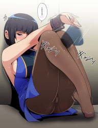 Rule 34 | ..., 1girl, against wall, armpits, ass, between legs, black hair, black pantyhose, blue dress, blue skin, blush, breasts, brown pantyhose, calf sex, censored, clothed sex, colored skin, crotch seam, cuffs, disembodied penis, dress, embarrassed, feet, frottage, gradient background, greco roman (spiral brain), half-closed eyes, highres, kagero deception, kagerou: kokumeikan shinshou, large breasts, legs, long hair, looking away, millennia, millennia (kagero), mosaic censoring, motion lines, no bra, no shoes, outstretched arms, own hands together, panties, panties under pantyhose, pantyhose, pantyshot, penis, purple eyes, revision, shadow, short dress, short hair, side slit, sideboob, sitting, sleeveless, sleeveless dress, solo focus, speech bubble, speed lines, spoken blush, sweat, sweatdrop, thigh sex, underwear