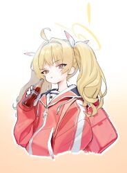 Rule 34 | 1girl, ahoge, backpack, bag, blue archive, bottle, coca-cola, cropped torso, glass bottle, halo, hand up, holding, holding bottle, hood, hood down, hooded jacket, jacket, long hair, long sleeves, looking at viewer, red jacket, s2j00, solo, twintails, upper body, yoshimi (blue archive)