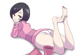 Rule 34 | 1girl, ass, barefoot, black hair, boots, brown eyes, creatures (company), feet, game freak, hands on own cheeks, hands on own face, looking at viewer, lying, nintendo, on stomach, panties, parasol lady (pokemon), pokemon, pokemon bw, shoes, smile, soles, toes, underwear, unworn shoes
