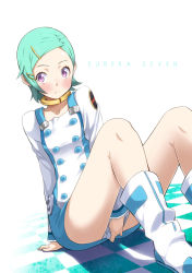 Rule 34 | 1girl, aqua hair, blue hair, boots, checkered floor, child, copyright name, covering privates, covering crotch, dress, dress tug, eureka (eureka seven), eureka seven, eureka seven (series), floor, hair ornament, hairclip, on floor, pink eyes, short hair, sitting, smile, solo, white footwear, yuuzii