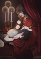 Rule 34 | 2boys, black hair, blush, brown eyes, brown hair, candle, candlestand, character request, clenched hand, curtains, ear cleaning, everlastingtowa, fire, flower, hair over one eye, highres, indoors, japanese clothes, kimono, lipstick, lying, makeup, mimikaki, multiple boys, nail polish, on side, red kimono, red nails, shirt, slow damage, t-shirt, towa (slow damage), yellow eyes