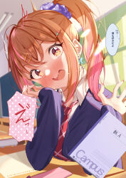 Rule 34 | 1girl, blush, breasts, brown eyes, classroom, collared shirt, commentary request, confession, dappled sunlight, day, desk, dress shirt, dropping, earrings, embarrassed, grin, gyaru, hair ornament, hair scrunchie, hairclip, head rest, highres, jewelry, light brown hair, light particles, looking at viewer, medium breasts, multicolored hair, necktie, nose blush, notebook, on chair, original, pink hair, pink nails, ponytail, red necktie, saboten mushi, school, school uniform, scrunchie, shirt, side ponytail, sitting, smile, solo, striped necktie, sunlight, teeth, translated, upper body, white shirt