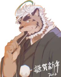 Rule 34 | 1boy, 2022, animal ears, badai, black jacket, black kimono, character request, check character, chinese text, closed mouth, colored tips, folding fan, furry, furry male, green eyes, green hair, hand fan, haori, highres, holding, holding fan, hombre tigre (housamo), jacket, japanese clothes, kimono, long sleeves, looking to the side, male focus, messy hair, multicolored hair, new year, open clothes, open jacket, short hair, smile, solo, thick eyebrows, tiger boy, tiger ears, tokyo houkago summoners, upper body, whiskers, white background, white hair, wide sleeves