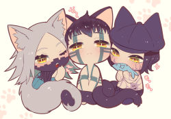Rule 34 | 1girl, 2boys, animal ears, beige background, black hair, cat ears, cat tail, chewing, chibi, commentary request, demi-fiend, fish, full-body tattoo, grey hair, hat, highres, kemonomimi mode, looking at viewer, multiple boys, nitta isamu, one eye closed, paw print, paw print background, shin megami tensei, shin megami tensei iii: nocturne, surume imo, tachibana chiaki (megami tensei), tail, tattoo, yellow eyes