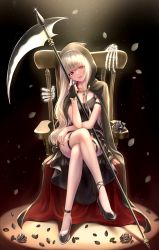 Rule 34 | 1girl, absurdres, amagi shino, black background, black footwear, breasts, chair, cleavage, crossed legs, full body, high heels, highres, hood, large breasts, looking at viewer, nail polish, original, parted lips, petals, red eyes, red nails, scythe, sitting, skeletal hand, smile, solo, thigh strap, thighs