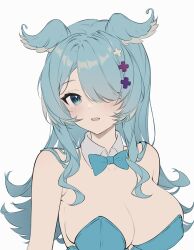 Rule 34 | 1girl, blue bow, blue bowtie, blue eyes, blue hair, blue wings, blush, bow, bowtie, breasts, cleavage, commentary, detached collar, elira pendora, hair ornament, hair over one eye, head wings, highres, large breasts, leotard, long hair, multicolored hair, nijisanji, nijisanji en, one eye covered, playboy bunny, simple background, solo, soybean (hisoybean), symbol-only commentary, virtual youtuber, white background, white hair, wings, x hair ornament
