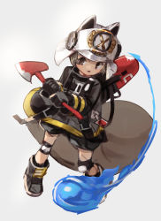 Rule 34 | 1girl, :o, absurdres, animal ears, arknights, axe, black footwear, black gloves, boots, brown eyes, brown hair, full body, gloves, grey background, helmet, highres, holding, holding axe, knee pads, long sleeves, looking at viewer, open mouth, shaw (arknights), short hair, simple background, solo, squirrel ears, squirrel girl, squirrel tail, tail, water, white headwear