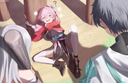 1boy 2girls ? absurdres ankle_boots artist_name bare_shoulders baseball_bat bell black_boots black_dress black_gloves bloomers blue_eyes boots chinese_clothes chinese_commentary column commentary_request cropped_jacket dan_heng_(honkai:_star_rail) dan_heng_(hunt)_(honkai:_star_rail) dated dress drooling earrings fingerless_gloves full_body gloves high_heel_boots high_heels highres holding holding_baseball_bat honkai:_star_rail honkai_(series) hugging_object jacket jewelry jingle_bell long_sleeves march_7th_(honkai:_star_rail) march_7th_(hunt)_(honkai:_star_rail) medium_hair multiple_girls official_alternate_costume official_alternate_hairstyle open_mouth pillar pink_eyes pink_hair puffy_sleeves re_naya red_jacket short_dress shuangyaji single_earring stelle_(honkai:_star_rail) thighhighs trailblazer_(honkai:_star_rail) two-tone_eyes underwear white_bloomers white_sleeves white_thighhighs