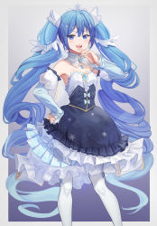 Rule 34 | 1girl, absurdres, bare shoulders, bib (bibboss39), blue eyes, blue hair, blush, detached sleeves, dress, earrings, hatsune miku, highres, jewelry, long hair, looking at viewer, open mouth, pantyhose, puffy detached sleeves, puffy sleeves, sleeveless, sleeveless dress, smile, smug, solo, tiara, twintails, v-shaped eyebrows, vocaloid, white pantyhose, yuki miku, yuki miku (2019)