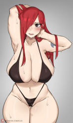 Rule 34 | 1girl, arms up, bob (bobtheneet), breasts, cameltoe, cleavage, erza scarlet, fairy tail, frown, groin, hair over one eye, highres, huge breasts, long hair, navel, red hair, solo, swimsuit, thick thighs, thighs