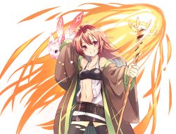 Rule 34 | 1girl, bare shoulders, belt, bra over clothes, breasts, brown robe, collarbone, creature, duel monster, fire, hair between eyes, highres, hiita, hiita (yu-gi-oh!), hiita the fire charmer ablaze, holding, holding staff, jacket, light blush, long hair, long sleeves, mikan (13alice666), navel, open clothes, open jacket, open robe, open shirt, red eyes, red hair, robe, simple background, skirt, small breasts, smile, staff, strapless, teeth, thighhighs, torn clothes, torn legwear, tube top, unbuttoned, unbuttoned shirt, white background, wide sleeves, yu-gi-oh!