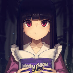Rule 34 | 1girl, bag, bag of chips, black hair, blunt bangs, boa (brianoa), bow, bowtie, chewing, closed mouth, collar, collared shirt, commentary, crumbs, dark background, eating, english text, fingernails, food, forest, frilled shirt collar, frills, highres, hime cut, holding, holding bag, holding food, houraisan kaguya, long hair, long sleeves, looking at viewer, nature, outdoors, pink shirt, pink sleeves, red eyes, romaji commentary, shirt, solo, straight-on, straight hair, touhou, twitter username, upper body, white bow, white bowtie, white collar