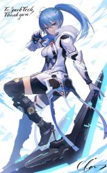 Rule 34 | 1girl, armor, armored boots, bike shorts, black footwear, black shorts, black thighhighs, blue eyes, blue hair, boots, bouncer (pso2), breasts, closed mouth, commentary, commission, english commentary, floating hair, full body, gloves, hair between eyes, hair ribbon, hand up, high collar, highres, hood, hood down, hoodie, knee boots, leg up, long hair, looking at viewer, looking to the side, medium breasts, open clothes, open hoodie, original, phantasy star, phantasy star online 2, ponytail, ribbon, science fiction, second-party source, shorts, sidelocks, sion (9117), skeb commission, solo, thighhighs, white armor, white background, white gloves, white hoodie, yellow ribbon