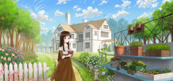 Rule 34 | 1girl, absurdres, arch, balcony, blurry, brown eyes, brown hair, brown skirt, bucket, building, bush, butterfly hair ornament, cactus, clock, clock tower, cloud, daisy, day, depth of field, dress, fence, flower, flower pot, garden, grass, hair ornament, hako (salaki), highres, holding, house, long hair, long sleeves, looking at viewer, mansion, morning glory, original, outdoors, path, pink flower, pink rose, plant, potted plant, revision, road, rose, sash, shelf, skirt, sky, smile, solo, striped, striped sleeves, sunlight, tower, tree, vertical stripes, white flower, white rose, wooden fence, yellow flower, yellow rose