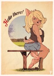 Rule 34 | 1girl, absurdres, animal ears, animal nose, artist name, ass, bare shoulders, barefoot, belt, black footwear, black shirt, blonde hair, blue shorts, blue sky, blush, body fur, border, breasts, brown eyes, brown fur, closed mouth, covered erect nipples, day, deer ears, deer girl, deer tail, denim, denim shorts, english text, feet, female focus, fox-pop vli, from behind, full body, furry, furry female, grass, half-closed eyes, happy, highres, large breasts, long hair, looking back, no bra, nose blush, on table, original, outdoors, pocket, retro artstyle, shirt, shoe dangle, shoes, unworn shoes, short shorts, shorts, sideboob, sidelocks, sitting, sky, sleeveless, sleeveless shirt, smile, soles, solo, swept bangs, table, tail, toes, watermark, white border, yellow background