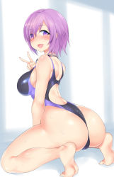 Rule 34 | 1girl, arched back, ass, blue one-piece swimsuit, blush, breasts, commentary request, competition swimsuit, eyes visible through hair, fate/grand order, fate (series), from behind, full body, goggles, goggles around neck, hair over one eye, highleg, highleg swimsuit, highres, huge ass, katsura harufumi, kneeling, looking at viewer, looking back, mash kyrielight, medium breasts, one-piece swimsuit, open mouth, purple eyes, purple hair, shiny skin, short hair, smile, solo, swimsuit, v, wet