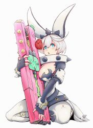 Rule 34 | 1girl, absurdres, ahoge, animal ears, black gloves, blue eyes, bracelet, breasts, cleavage, cleavage cutout, clothing cutout, clover, collar, elphelt valentine, fingerless gloves, flower, four-leaf clover, gloves, guilty gear, guilty gear xrd, gun, hairband, highres, holding, holding gun, holding weapon, huge ahoge, jewelry, large breasts, looking at viewer, medium hair, open mouth, red flower, red rose, rose, spiked bracelet, spiked collar, spiked hairband, spikes, uncleduk, weapon, white hair