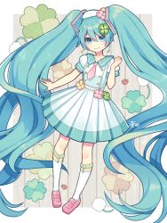 Rule 34 | 1girl, absurdly long hair, aona (noraneko), beret, blue eyes, blue hair, blush, bug, buttons, clover, collared dress, dandelion, dress, earrings, flower, hair flower, hair ornament, hand up, hat, hatsune miku, insect, jewelry, ladybug, legwear garter, loafers, long hair, looking at viewer, necktie, pleated dress, shoes, short sleeves, signature, smile, socks, solo, sparkle, twintails, very long hair, vocaloid