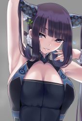 Rule 34 | 1girl, arm up, armpits, blue eyes, blunt bangs, blush, breasts, chinese clothes, cleavage, fate/grand order, fate (series), gachou, hair ornament, heart, highres, large breasts, leaf hair ornament, long hair, looking at viewer, nail polish, parted lips, purple hair, sidelocks, smile, solo, sweat, twintails, upper body, yang guifei (fate), yang guifei (second ascension) (fate)