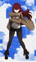 Rule 34 | 1girl, absurdres, belt, black footwear, black pantyhose, black shorts, blue eyes, boots, closed mouth, cloud, cloudy sky, commentary, commission, commissioner upload, dress shirt, full body, highres, jacket, lab coat, pantyhose under shorts, long hair, long sleeves, looking at viewer, makise kurisu, necktie, non-web source, once 11h, open clothes, open jacket, pantyhose, red hair, red necktie, shirt, shorts, signature, sky, smile, solo, standing, steins;gate, white shirt