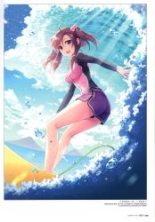 Rule 34 | 1girl, :d, absurdres, ahoge, an2a, ass, bikini, bikini shorts, blurry, breasts, cloud, cloudy sky, day, folded ponytail, hair ornament, highres, legs, long hair, long sleeves, looking at viewer, medium breasts, mountain, ocean, open mouth, outdoors, purple eyes, purple hair, rash guard, scan, shiny skin, shirt, short shorts, shorts, sid story, sidelocks, sky, smile, solo, surfboard, surfing, swimsuit, thighs, twintails, water, waves