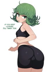 Rule 34 | 1girl, ass, bare arms, bike shorts, black shorts, black sports bra, breasts, cameltoe, cleft of venus, commentary, cowboy shot, curly hair, english commentary, english text, from behind, green eyes, green hair, highres, looking back, mikoscrub, one-punch man, open mouth, short hair, shorts, simple background, small breasts, solo, sports bra, tatsumaki, white background