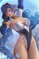 Rule 34 | 1girl, arm up, bare shoulders, black gloves, blue hair, blue hood, blush, breasts, claw ring, detached sleeves, drill hair, drill sidelocks, genshin impact, gloves, hair between eyes, highleg, highleg leotard, highres, hood, hood up, jewelry, juliet sleeves, large breasts, layla (genshin impact), leotard, lips, long hair, long sleeves, looking at viewer, neck ring, parted lips, pointy ears, prywinko, puffy sleeves, sidelocks, solo, strapless, strapless leotard, twin drills, yellow eyes