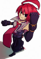 Rule 34 | 1boy, adell (disgaea), ahoge, bersekwolf, black footwear, black gloves, black pants, clenched hands, commentary, disgaea, english commentary, full body, gloves, hair between eyes, highres, looking at viewer, makai senki disgaea 2, male focus, necktie, pants, red eyes, red hair, red necktie, scar, scar on face, shoes, short hair, sleeveless, smile, solo, white background