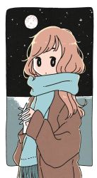 Rule 34 | 1girl, brown hair, highres, long hair, looking at viewer, moon, original, own hands together, scarf, sky, solo, star (sky), starry sky, tameikirakuda, upper body, white background