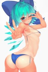 Rule 34 | 1girl, ;d, ahoge, armpits, ass, bare arms, bare back, bare shoulders, bikini, blue bikini, blue bow, blue eyes, blue hair, blush, bow, breasts, cirno, clenched teeth, cowboy shot, double v, eyebrows, fairy, fingernails, hair bow, hand gesture, hidden star in four seasons, ice, ice wings, looking at viewer, looking back, nose blush, one-piece tan, one eye closed, open mouth, outstretched arm, rukitsura, short hair, side-tie bikini bottom, sideboob, simple background, small breasts, smile, solo, standing, swimsuit, tan, tanline, tanned cirno, teeth, touhou, underboob, v, v over eye, white background, wings