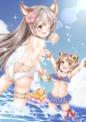 Rule 34 | 10s, 2girls, :d, ;d, alternate costume, animal ears, arms up, ass, aster (granblue fantasy), back, backless outfit, bare back, bikini, blue sky, blush, bow, bracelet, breasts, brown eyes, brown hair, butt crack, cat ears, cleavage, cloud, collarbone, day, draph, erune, eyebrows, flat chest, flower, frilled bikini, frills, granblue fantasy, hair bobbles, hair flower, hair ornament, hibiscus, highres, horns, innertube, jewelry, large breasts, lens flare, long hair, multiple girls, navel, one-piece swimsuit, one eye closed, open mouth, orange eyes, outdoors, pink bow, pink ribbon, playing, purple bikini, red ribbon, regular mow, ribbon, short hair, sky, smile, sparkle, splashing, stuffed animal, stuffed toy, sunflower, sunlight, swim ring, swimsuit, teddy bear, thigh strap, underboob, wading, water, water gun, white one-piece swimsuit, yaia (granblue fantasy)