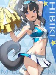 Rule 34 | 1girl, absurdres, animal ears, arm up, armpits, bananafish1111, bare shoulders, black hair, blue archive, blue eyes, blush, breasts, cheerleader, choker, cleavage, clothes writing, commentary request, crop top, dog ears, dog girl, dog tail, eyewear on head, goggles, goggles on head, halo, hibiki (blue archive), hibiki (cheer squad) (blue archive), highres, holding, holding pom poms, leg up, long hair, looking at viewer, medium breasts, midriff, millennium cheerleader outfit (blue archive), miniskirt, navel, official alternate costume, open mouth, pleated skirt, pom pom (cheerleading), pom poms, ponytail, shirt, shoes, sidelocks, skirt, sleeveless, sleeveless shirt, sneakers, solo, standing, standing on one leg, sunglasses, tail, white footwear, white skirt
